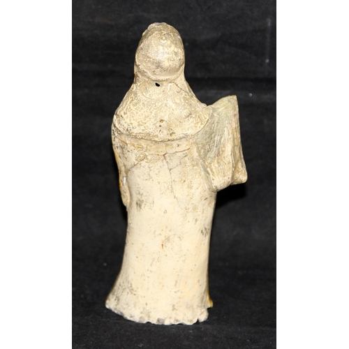 12 - Antique southern Chinese Qing dynasty slip cast and glazed figure of a dancer with repairs. 18cms ta... 