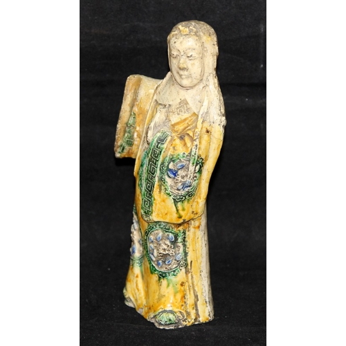 12 - Antique southern Chinese Qing dynasty slip cast and glazed figure of a dancer with repairs. 18cms ta... 