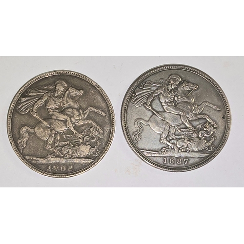 85 - 2 x sterling silver antique GB Crowns to include Victoria 1887 and George VII 1902.