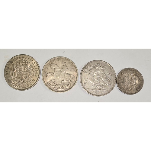 86 - Quantity of GB Silver and Half Silver coinage to include 1890 crown, 1935 Rocking Horse Crown etc.