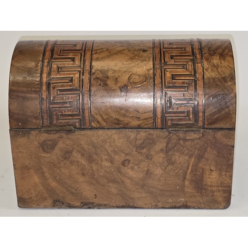 19 - Antique domed top mahogany tea caddy with decorative Tunbridge ware geometric mosaic inlay.