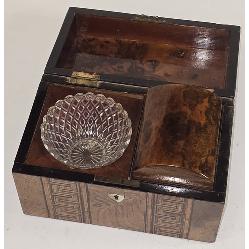 19 - Antique domed top mahogany tea caddy with decorative Tunbridge ware geometric mosaic inlay.