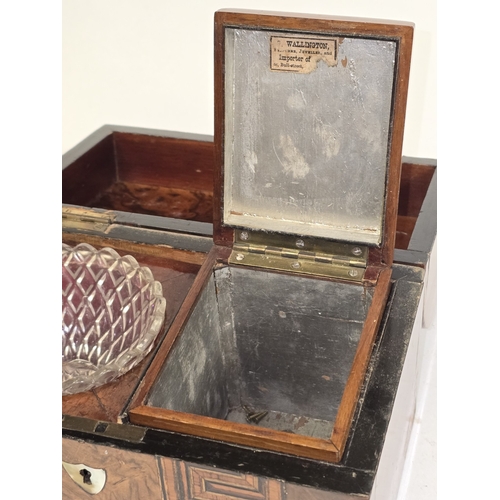 19 - Antique domed top mahogany tea caddy with decorative Tunbridge ware geometric mosaic inlay.