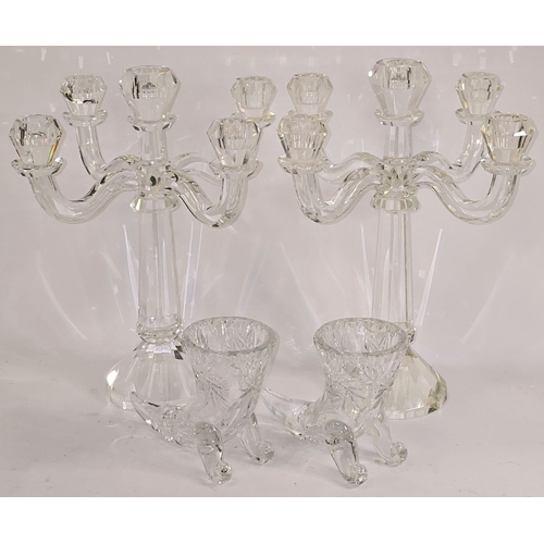 23 - A Large pair of Shannon four arm crystal glass candelabras each 36cm tall together with a pair of cr... 