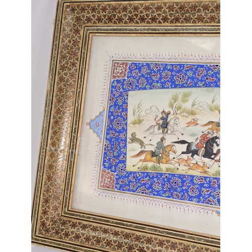 26 - A vintage 20th century framed Persian Khatam inlaid with artwork painted on faux ivory. Unsigned. 40... 