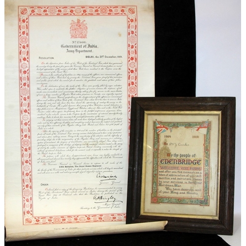 73 - WWI era Indian Army official commemoration scroll issued to a soldier of the Royal Sussex Regiment. ... 