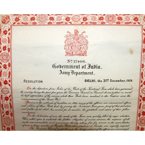 73 - WWI era Indian Army official commemoration scroll issued to a soldier of the Royal Sussex Regiment. ... 