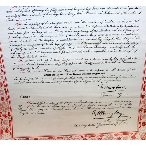 73 - WWI era Indian Army official commemoration scroll issued to a soldier of the Royal Sussex Regiment. ... 