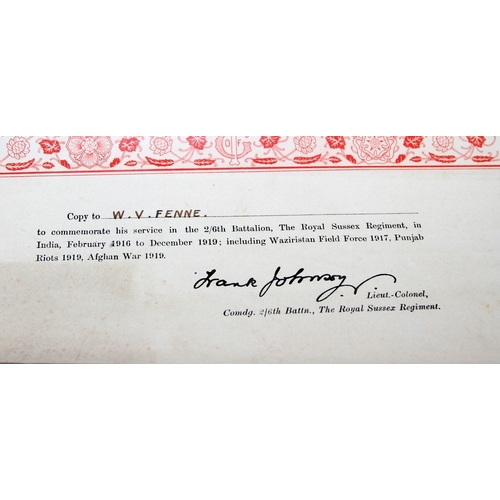 73 - WWI era Indian Army official commemoration scroll issued to a soldier of the Royal Sussex Regiment. ... 
