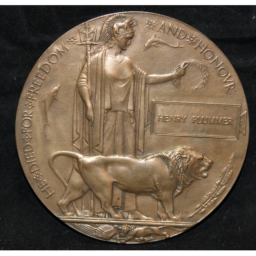 74 - Original WWI bronze Death Plaque / Penny - Henry Plummer (unresearched)