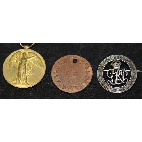 78 - WWI Victory medal issued to 22498 Pte JS Taylor, Royal Welch Fusiliers. Pte Taylor was discharged 28... 