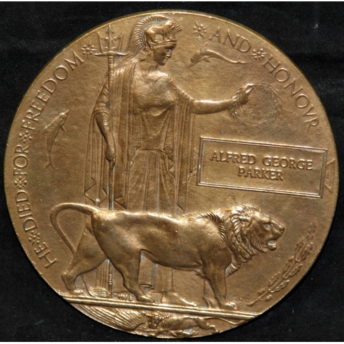 87 - Genuine WWI Death Penny / Plaque named for Alfred George Parker (unresearched)