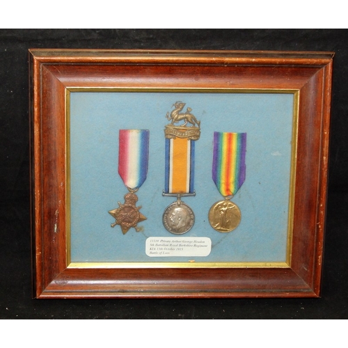 88 - Framed WWI medal trio including 1914-15 Star, 5th Battalion Royal Berkshires. KIA Battle of Loos 13t... 