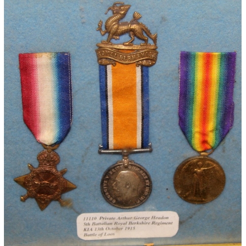88 - Framed WWI medal trio including 1914-15 Star, 5th Battalion Royal Berkshires. KIA Battle of Loos 13t... 