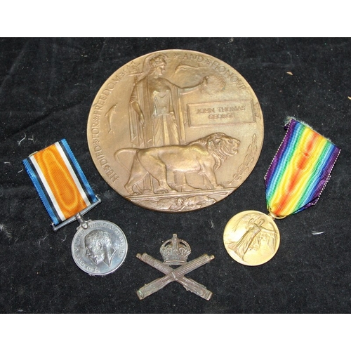 89 - WWI medal pair and Death Plaque / Penny Cpl JT George - Machine Gun Corps. KIA 21st February 1917. L... 