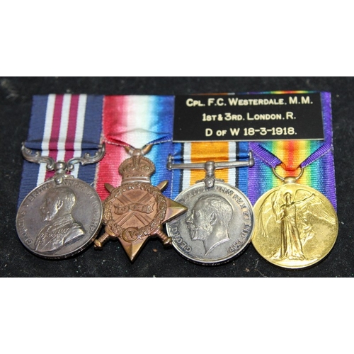 94 - Superb WWI medal group including Military Medal awarded to Cpl. Frederick Charles Westerdale MM, 1st... 
