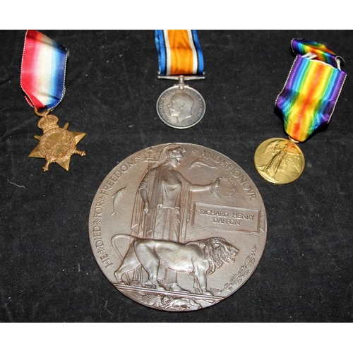 91 - Rare Australian KIA WWI medal trio inc. 1914-15 Star and original Death Plaque / Penny. Pte RH Daffo... 