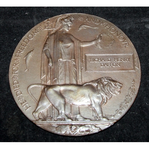91 - Rare Australian KIA WWI medal trio inc. 1914-15 Star and original Death Plaque / Penny. Pte RH Daffo... 