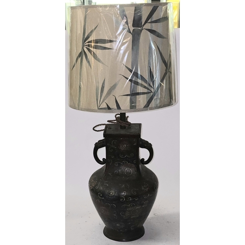 10 - Antique Chinese bronze Cloisonne twin handled vase. Recently converted to a lamp. Marks to base. 52c... 