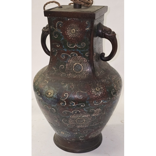 10 - Antique Chinese bronze Cloisonne twin handled vase. Recently converted to a lamp. Marks to base. 52c... 