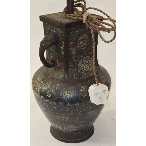 10 - Antique Chinese bronze Cloisonne twin handled vase. Recently converted to a lamp. Marks to base. 52c... 