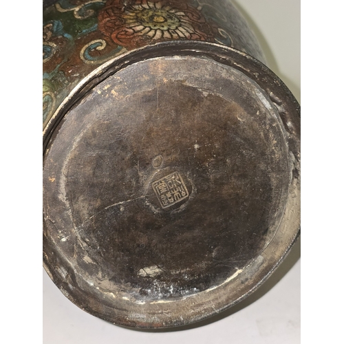 10 - Antique Chinese bronze Cloisonne twin handled vase. Recently converted to a lamp. Marks to base. 52c... 