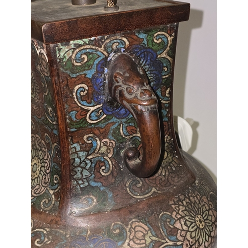 10 - Antique Chinese bronze Cloisonne twin handled vase. Recently converted to a lamp. Marks to base. 52c... 