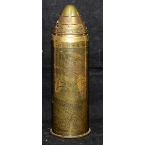 133 - Super quality WWI trench art Villar Perosa shell case, created in the Italian theatre of war and dat... 