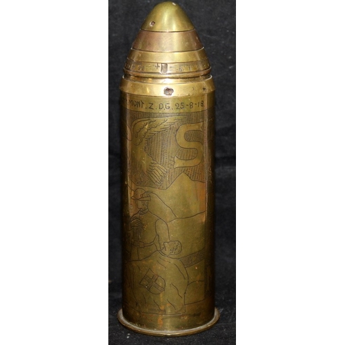 133 - Super quality WWI trench art Villar Perosa shell case, created in the Italian theatre of war and dat... 