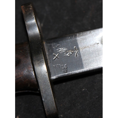 140 - WWI era 1907 Pattern sword bayonet c/w webbing frog and scabbard. Good foundry/armoury stamps. Sold ... 