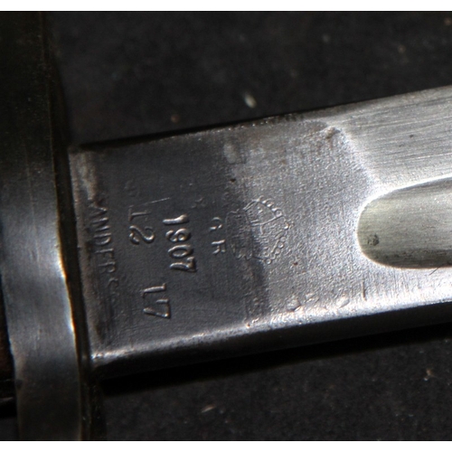 140 - WWI era 1907 Pattern sword bayonet c/w webbing frog and scabbard. Good foundry/armoury stamps. Sold ... 