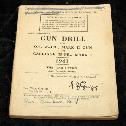 146 - WWII era woolen khaki RP arm band. 1941 Gun drill for 25-PR Mk II gun pocket book, c/w fold out draw... 