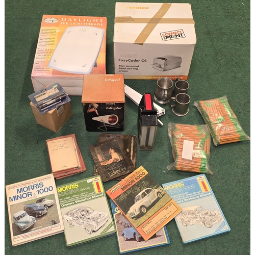 47 - Large mixed lot of household sundries to include label printer, Daylight lamp, Morris Minor books et... 