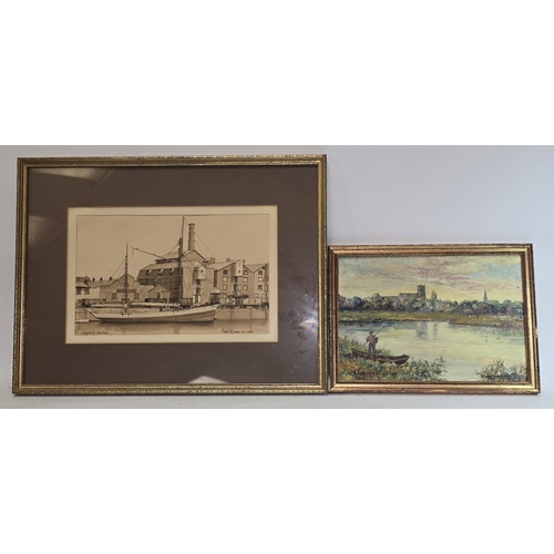 22 - Two framed local pictures to include a Pen and Watercolour drawing of Poole Harbour by Daphne Roscoe... 