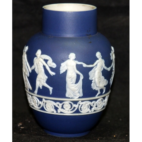 9 - Antique Cobalt Blue Wedgwood Jasperware small baluster vase with Dancing Hours decoration 11cms tall... 