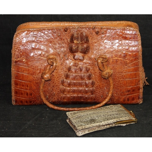 21 - Vintage genuine crocodile skin handbag, 34cms across bottom c/w a snakeskin purse