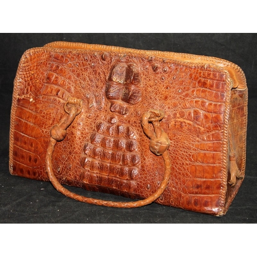 21 - Vintage genuine crocodile skin handbag, 34cms across bottom c/w a snakeskin purse
