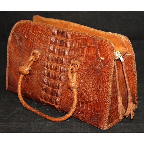 21 - Vintage genuine crocodile skin handbag, 34cms across bottom c/w a snakeskin purse