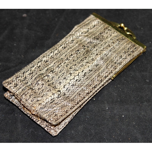 21 - Vintage genuine crocodile skin handbag, 34cms across bottom c/w a snakeskin purse