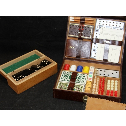 25 - Vintage cased games compendium c/w a wooden cased dominoes set