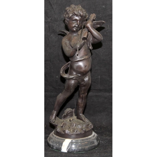 29 - Vintage bronzed cast metal figure of a putti playing a violin , on a stepped marble base. O/all heig... 
