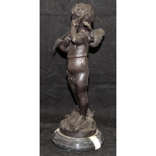 29 - Vintage bronzed cast metal figure of a putti playing a violin , on a stepped marble base. O/all heig... 