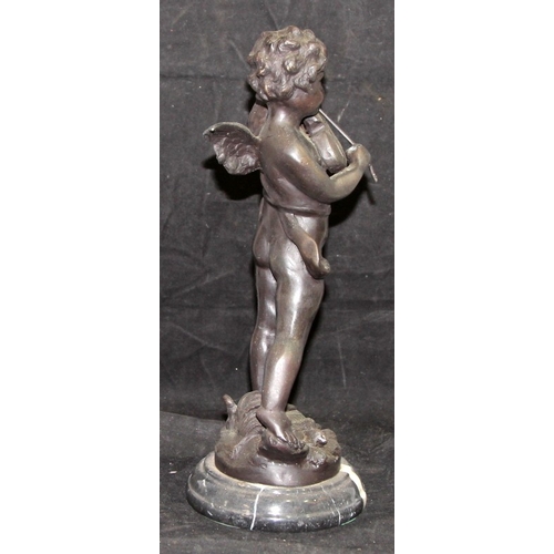 29 - Vintage bronzed cast metal figure of a putti playing a violin , on a stepped marble base. O/all heig... 