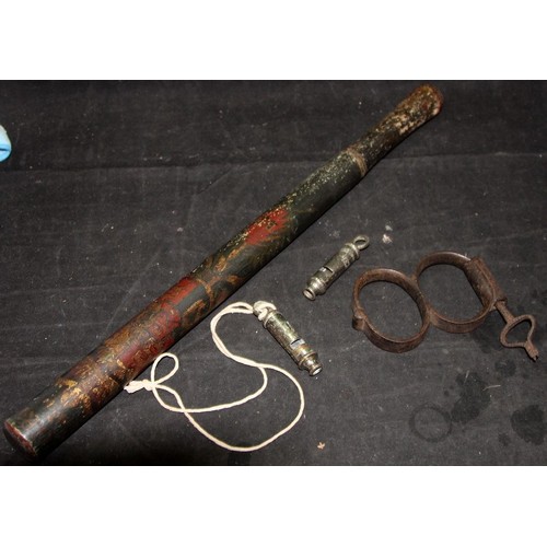 32 - 19th Century police truncheon with worm painted decoration c/w a pair of 19th century iron cufflinks... 