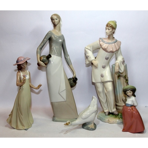 10 - Nao figure of tall girl with pots, 40cms tall c/w three further Nao pieces and a large Nadal figure ... 