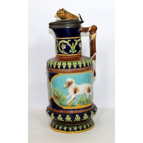2 - Antique George Jones Majolica pitcher/stein with fox/rabbit and dog/quail panels and fox finial.  Mo... 