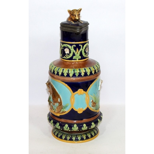 2 - Antique George Jones Majolica pitcher/stein with fox/rabbit and dog/quail panels and fox finial.  Mo... 