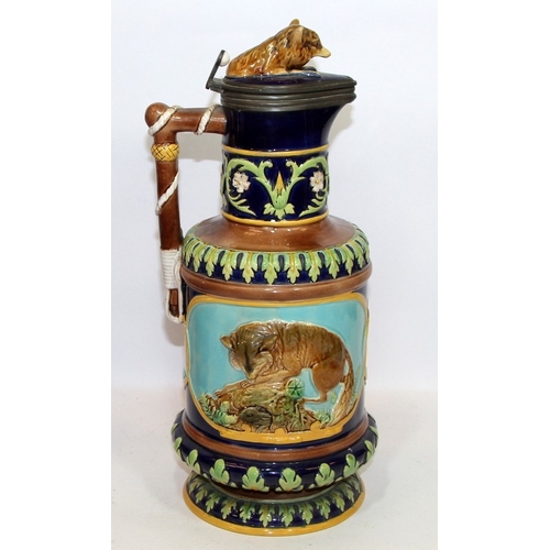 2 - Antique George Jones Majolica pitcher/stein with fox/rabbit and dog/quail panels and fox finial.  Mo... 