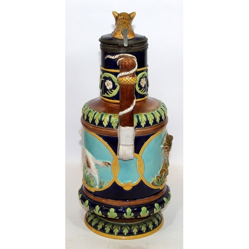 2 - Antique George Jones Majolica pitcher/stein with fox/rabbit and dog/quail panels and fox finial.  Mo... 