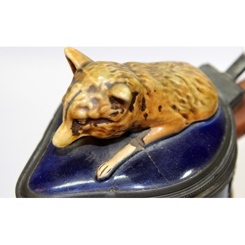 2 - Antique George Jones Majolica pitcher/stein with fox/rabbit and dog/quail panels and fox finial.  Mo... 